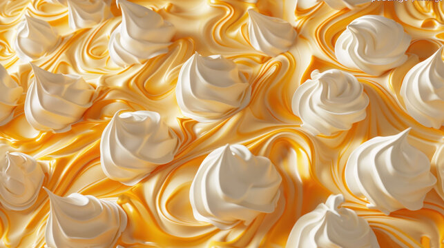  a large amount of whipped cream on top of a yellow surface with a white flower in the middle of the top and bottom of the whipped cream in the middle of the image.