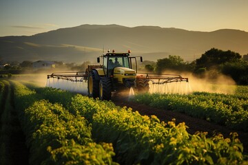 Naklejka premium Farm Efficiency: A Tractor Drives Through the Fields, Performing Vital Irrigation Tasks to Maximize Crop Yield and Quality