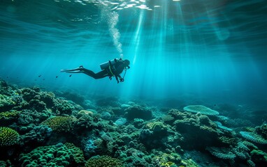 Scuba diver exploring the serene underwater world with vibrant coral and sunlight beams.