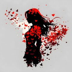 Black silhouette of a Woman around red hearts, shapes, abstract, gray background. Heart as a symbol of affection and love.