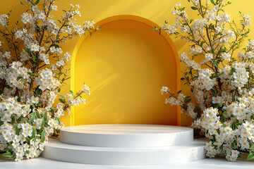 Abstract background in a minimalistic style with a podium in yellow colors. Empty pedestal for product display with white flowers