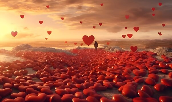 A beach with hundreds of red stones in the shape of a heart sunset and flying tiny red hearts. Heart as a symbol of affection and love.