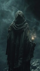 Fototapeta na wymiar Dark Mage in a Cloak of Shadows