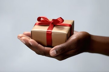 Gentle hands present a carefully wrapped gift, white background