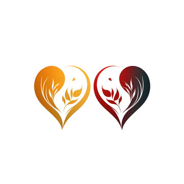 Logo concept two hearts of gold and red with leaves. Heart as a symbol of affection and love.