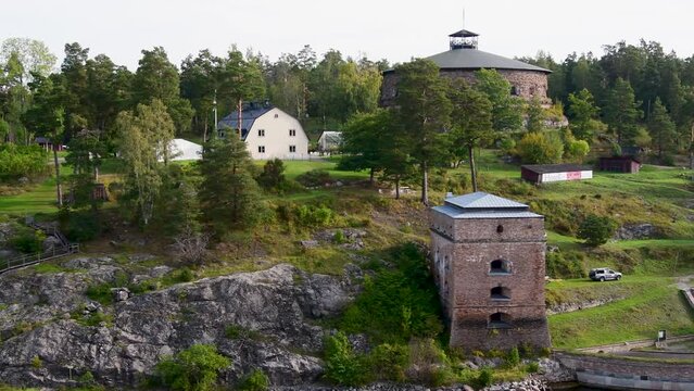 Stockholm, Oslo, Sep 27th, 2023: Part of Fredriksborg&rsquo;s fortress, Stockholm archipelago, Sweden. It was built to defend the narrow passage at Oxdjupet strait outside of Vaxholm