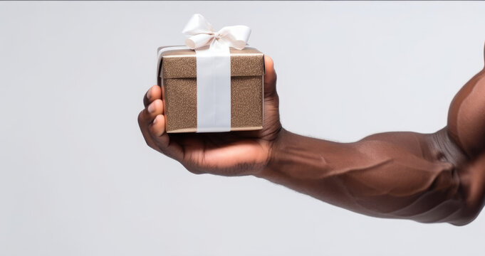 An outstretched African American male hand presents a gift box wrapped in glittery brown paper with a pristine white bow