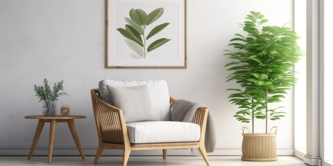 Scandinavian living room with a mock up poster frame, rattan armchair, and stylish home decor.