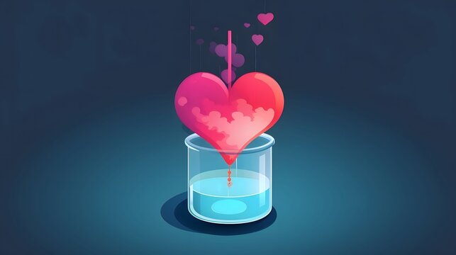 Tiny red heart in a glass of water dark background. Heart as a symbol of affection and love.