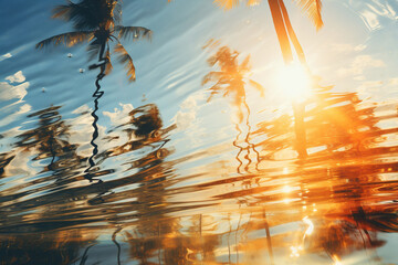 Image below and above water with a view of the seabed and palm trees. Generated by artificial intelligence
