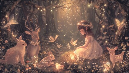 A girl in a forest surrounded by deer, rabbits, and butterflies, illuminating a magical atmosphere with a glowing lantern.
