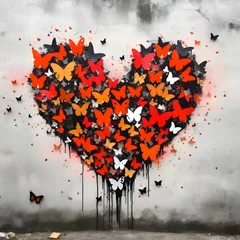 Papier Peint photo Lavable Papillons en grunge Red heart with orange and red butterflies on a gray dusky background. Heart as a symbol of affection and love.