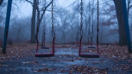 A desolate playground with abandoned swings moving in a ghostly dance, capturing the haunting memories of childhood and the passage of time.