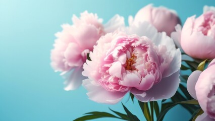 Composition of soft pink peonies on a blue background