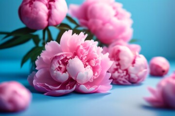 Composition of bright pink peonies on a blue background