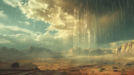 A surreal desert with upside-down rain falling from the sky, challenging the viewer's sense of gravity and reality.
