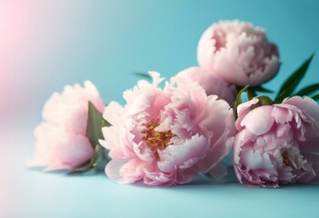 Fototapeta na wymiar Composition of soft pink peonies on a blue background