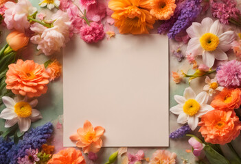 Composition of spring flowers on a peach background with copy space in the center