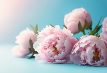 Composition of soft pink peonies on a blue background