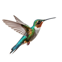 Hummingbird in flight isolated on transparent and white background. Ideal for use in advertising. Generative ai