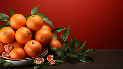 Tangerines with flowers in bowl on red background for Chinese new year