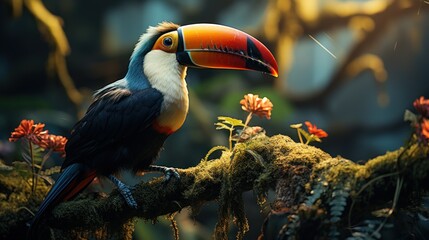 Toucan sits gracefully on a jungle branch - obrazy, fototapety, plakaty