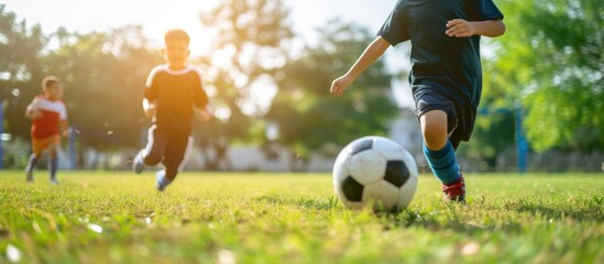 Happy children playing soccer football on outdoor grass field. AI generated image - obrazy, fototapety, plakaty