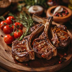 Juicy meat on the bone on a wooden board. Rack of lamb with cherry tomatoes