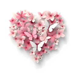 White and pink flowers, cherry blossoms and butterflies forming a heart on a white isolated background. Heart as a symbol of affection and love.