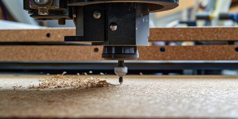 Fototapeta na wymiar CNC Machine Cutting Chipboard Close-Up. Close-up view of a CNC machine in action, precisely cutting through layers of chipboard, with wood shavings detailing the process.