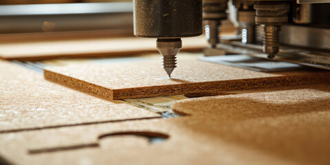 CNC Machine Cutting Chipboard Close-Up. Close-up view of a CNC machine in action, precisely cutting through layers of chipboard, with wood shavings detailing the process. - obrazy, fototapety, plakaty