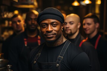 Obraz premium Expert Guidance: The Black Chef Stands Proudly Before His Team, Offering Mentorship and Guidance in the Pursuit of Culinary Excellence