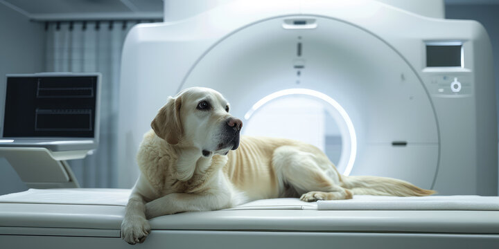 Dog Awaiting MRI Scan in Modern Veterinary Clinic. Puppy sits patiently on the examination table of veterinary clinic with MRI equipment in the background.