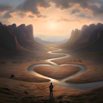 Silhouette of a man in the middle of a desert mountainous land, a river, a stream forming a heart. Heart as a symbol of affection and love.