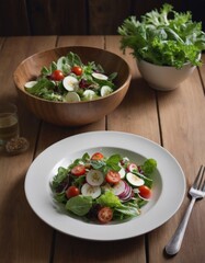 Vegetable salad with eggs in a light plate on a wooden background. Healthy food, keto diet