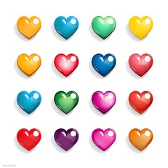 Arranged in lines and rows of colorful hearts on a white isolated background. Heart as a symbol of affection and love.