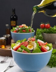 Vegetable salad with eggs in a light plate on a wooden background. Healthy food, keto diet