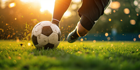 Football Player in Action on a Sunny Day. Close-up of a classic soccer ball on a lush green field with a player's foot in motion, sunlight background, copy space.