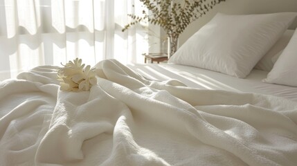  a close up of a bed with a white comforter and a white flower on the edge of the bed, with white sheets and pillows on the side of the bed.