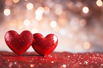 Two red hearts around scattered dust, bokeh effect in the background.Valentine's Day banner with space for your own content. White background color. Blank field for the inscription.