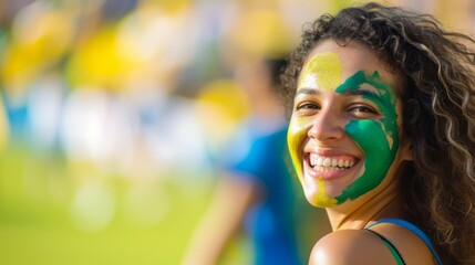 Joyful Brazilian Woman in Sports Stadium with Painted Brazil Flag Colors