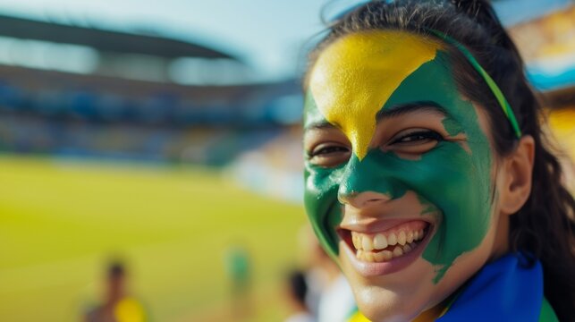 Joyful Brazilian Woman in Sports Stadium with Painted Brazil Flag Colors