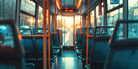 Modern City Bus Interior, nobody. Spacious and empty interior of a modern city bus with comfortable seating and bright lighting, traveling through urban streets. - obrazy, fototapety, plakaty