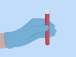 Vector illustration  laboratory assistant, doctor's hand in gloves holding test tube with blood, red liquid.