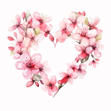 Painted illustration, pink cherry blossoms forming a heart on a white isolated background. Heart as a symbol of affection and love.
