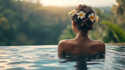 Schöne junge Frau entspannt im Schwimmbad bei Sonnenuntergang, Rückansicht. - obrazy, fototapety, plakaty