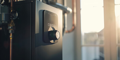 Modern Home Gas Boiler Close-Up. Contemporary home gas boiler control panel with temperature settings, installed in a clean and minimal interior.