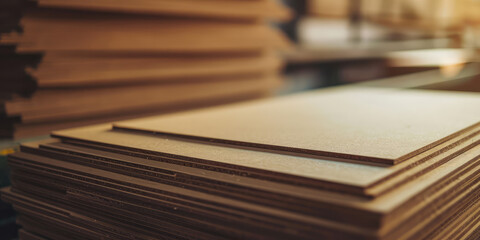 Stacked Chipboard Sheets in Carpentry Workshop. Wallpaper background Close-up of multiple stacked sheets of chipboard, texture and layers of the wood product, nobody.