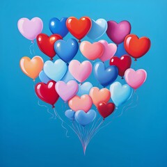 Colorful balloons in the shape of hearts, joined by strings on a blue background. Heart as a symbol of affection and love.