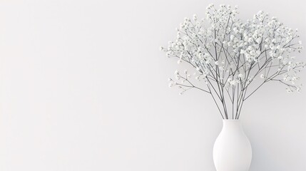 White vase with white flowers.Valentine's Day banner with space for your own content. White background color. Blank field for the inscription.